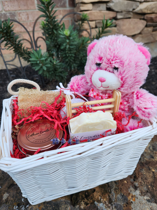 Spa Gift Basket with Pink Heart Bear